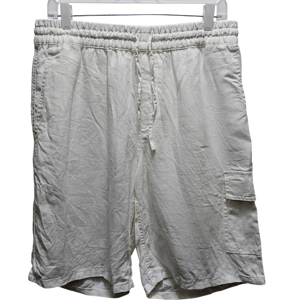 Onia Mens 100% Linen Cargo Shorts Off-White Cream Elastic Resort Old Money Large